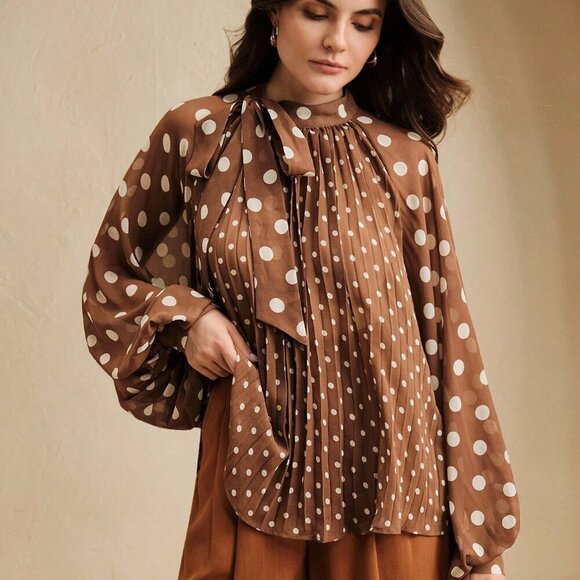 Brown Elegant Womens Polka Dot Pleated detailed bow Tie Front Long Sleeve Blouse - Picture 5 of 8